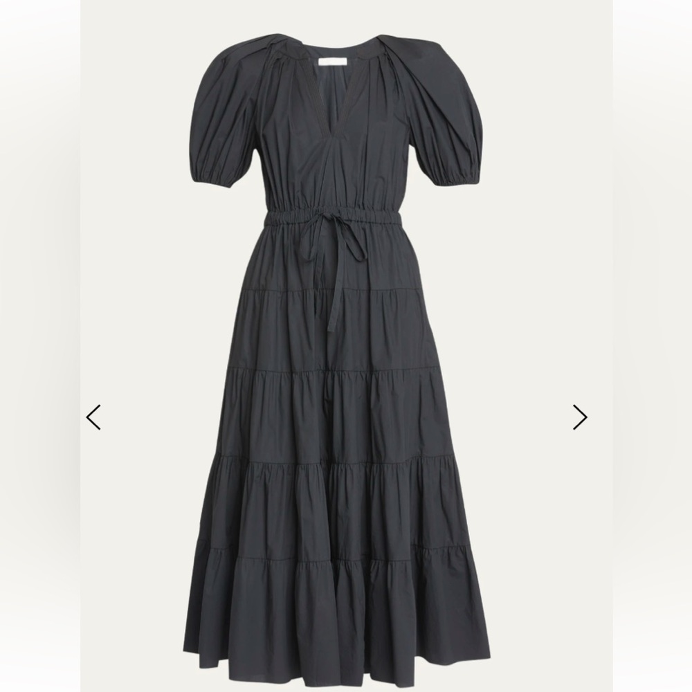 ULLA JOHNSON Olina Tiered Puff-Sleeve Midi Poplin Dress